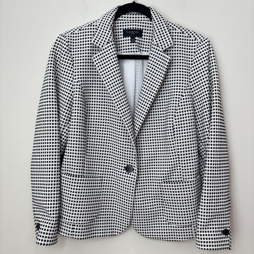 Talbots Gingham Plaid Blazer Jacket XLp Black White Career Neutral Minimalist
